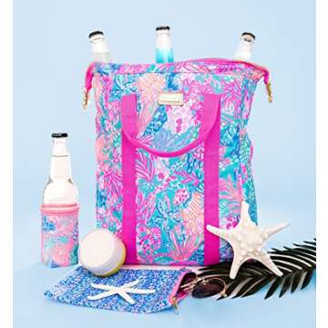 Lilly Pulitzer Insulated Backpack Cooler Large Capacity, Pink/Blue Portable Soft Cooler Bag for Picn...