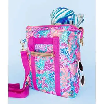 Lilly Pulitzer Insulated Backpack Cooler Large Capacity, Pink/Blue Portable Soft Cooler Bag for Picnics, Beach, Pool, Hiking, Splendor in The Sand