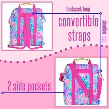 Lilly Pulitzer Insulated Backpack Cooler Large Capacity, Pink/Blue Portable Soft Cooler Bag for Picnics, Beach, Pool, Hiking, Splendor in The Sand