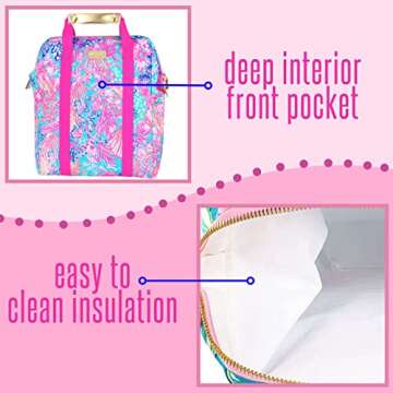 Lilly Pulitzer Insulated Backpack Cooler Large Capacity, Pink/Blue Portable Soft Cooler Bag for Picnics, Beach, Pool, Hiking, Splendor in The Sand