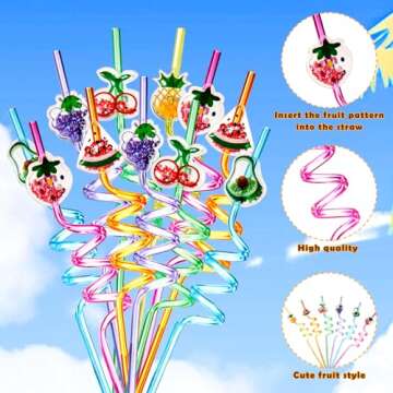 SCIONE 24 Pieces Summer Drinking Straws for Kids Summer Beach Pool Birthday Party Favors, Hawaiian Fruit Theme Crazy Straws Reusable Plastic for Tropical Luau Party Supplies