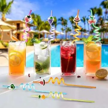 SCIONE 24 Pieces Summer Drinking Straws for Kids Summer Beach Pool Birthday Party Favors, Hawaiian Fruit Theme Crazy Straws Reusable Plastic for Tropical Luau Party Supplies