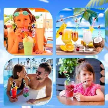 SCIONE 24 Pieces Summer Drinking Straws for Kids Summer Beach Pool Birthday Party Favors, Hawaiian Fruit Theme Crazy Straws Reusable Plastic for Tropical Luau Party Supplies