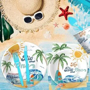 HIPVVILD Surf First Birthday Party Supplies Boy - Surfing The Big One Birthday Decorations Tableware, Plate, Cup, Napkin, Cutlery, Tablecloth, Summer Beach Surf 1st Birthday Party Decor | Serve 24