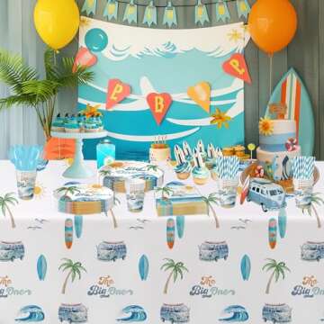HIPVVILD Surf First Birthday Party Supplies Boy - Surfing The Big One Birthday Decorations Tableware, Plate, Cup, Napkin, Cutlery, Tablecloth, Summer Beach Surf 1st Birthday Party Decor | Serve 24