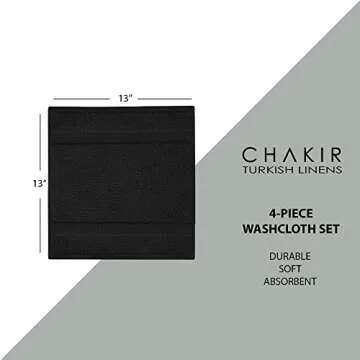 Chakir Turkish Linens | Hotel & Spa Quality 100% Cotton Premium Turkish Towels | Soft & Absorbent (4-Piece Washcloths, Black)
