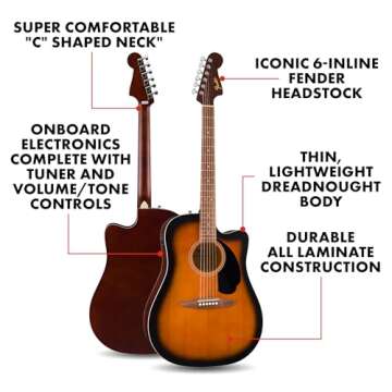 Fender California Debut Redondo CE Series Acoustic Guitar, Beginner Instrument with 2-Year Warranty ...