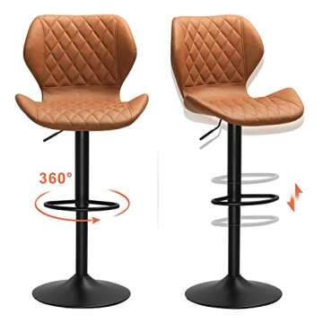 SUCSSRICH Swivel Bar Stools Set of 2 Brown Leather Barstools Mid Century, Adjustable Counter Height Bar Chairs for Kitchen Island, Capacity 400lbs