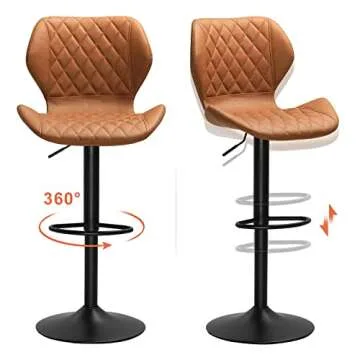 SUCSSRICH Swivel Bar Stools Set of 2 Brown Leather Barstools Mid Century, Adjustable Counter Height Bar Chairs for Kitchen Island, Capacity 400lbs