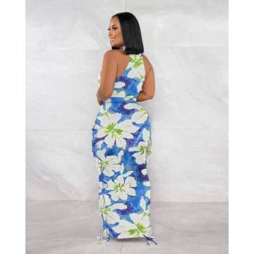 YUEWOO 2 Piece Outfits for Women Sexy Crop Top Ruched Bodycon Maxi Dresses Fringe Skirt Sets Night Club Jumpsuits