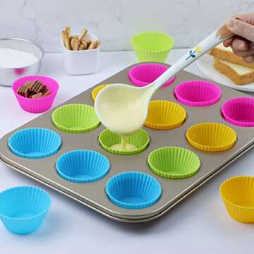 24Pack Silicone Muffin Cups, Reusable Cupcake Liners Molds for Baking, 3 Shapes Lunch Box Bento Divi...