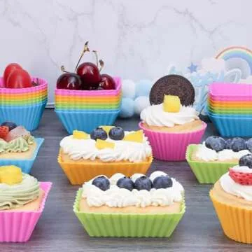 24Pack Silicone Muffin Cups, Reusable Cupcake Liners Molds for Baking, 3 Shapes Lunch Box Bento Dividers-Round, Square, and Rectangular (Colorsful, Regular Size)
