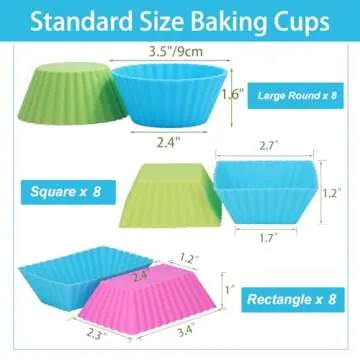 24Pack Silicone Muffin Cups, Reusable Cupcake Liners Molds for Baking, 3 Shapes Lunch Box Bento Dividers-Round, Square, and Rectangular (Colorsful, Regular Size)