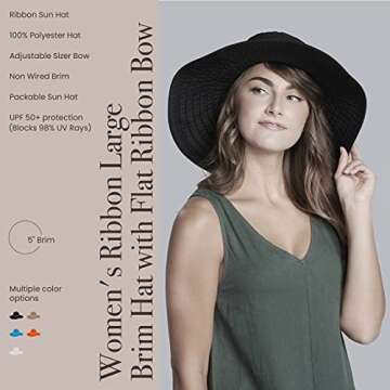 San Diego Hat Company Women’s Ribbon Large Brim Hat, Beach Hat for Women, One Size - Black