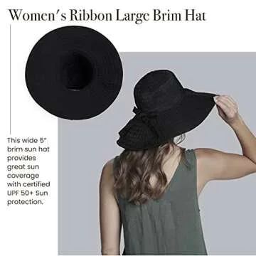San Diego Hat Company Women’s Ribbon Large Brim Hat, Beach Hat for Women, One Size - Black