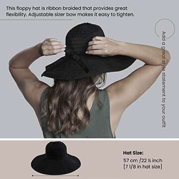 San Diego Hat Company Women’s Ribbon Large Brim Hat, Beach Hat for Women, One Size - Black