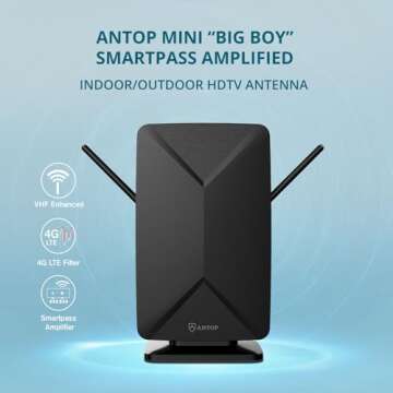 HD Antenna - ANTOP AT-406BV Flat Panel Mini Big Boy Indoor/Outdoor Smartpass Amplified Digital Antenna with High Gain and Built-in 4G LTE Filter