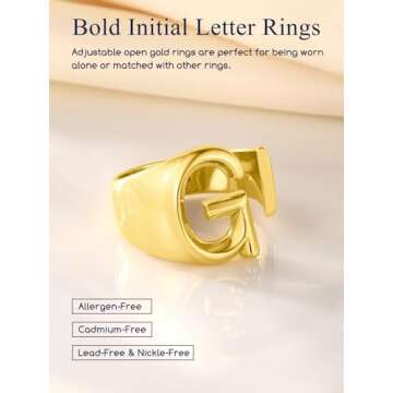 Suplight Gold C Initial Rings for Women, Women's Statement Rings, Unique Jewelry Ring, Ajustable Alphabet Capital Letter Name Ring, Open Thumb ring
