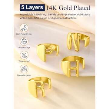 Suplight Gold C Initial Rings for Women, Women's Statement Rings, Unique Jewelry Ring, Ajustable Alphabet Capital Letter Name Ring, Open Thumb ring
