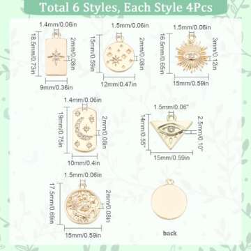 SUNNYCLUE 1 Box 24Pcs 6 Style 18K Gold Plated Charms Evil Eye Charm Micro Pave Stars Rhinestone Moon...