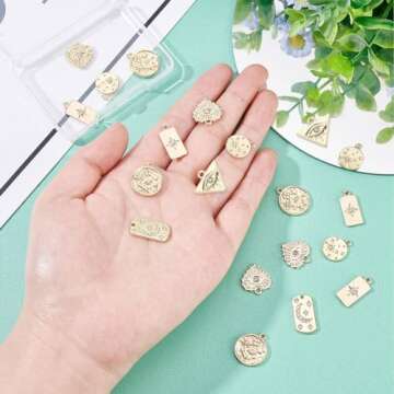 SUNNYCLUE 1 Box 24Pcs 6 Style 18K Gold Plated Charms Evil Eye Charm Micro Pave Stars Rhinestone Moon Heart Love Lucky Charm for Jewelry Making Charms DIY Necklace Earring Bracelet Women Adult Crafts