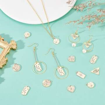 SUNNYCLUE 1 Box 24Pcs 6 Style 18K Gold Plated Charms Evil Eye Charm Micro Pave Stars Rhinestone Moon Heart Love Lucky Charm for Jewelry Making Charms DIY Necklace Earring Bracelet Women Adult Crafts