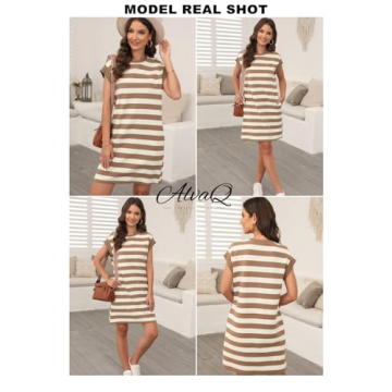 AlvaQ Women Dresses Fashion Trendy 2025 Summer Casual Short Sleeve Striped Mini Tshirt Dress with Pocket Khaki Large
