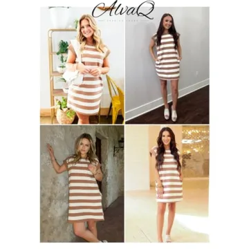 AlvaQ Women Dresses Fashion Trendy 2025 Summer Casual Short Sleeve Striped Mini Tshirt Dress with Pocket Khaki Large