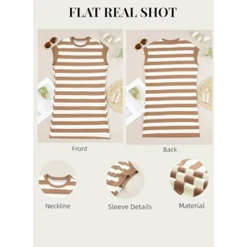 AlvaQ Women Dresses Fashion Trendy 2025 Summer Casual Short Sleeve Striped Mini Tshirt Dress with Pocket Khaki Large
