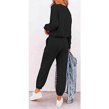 PRETTYGARDEN Women's Fall 2 Piece Lounge Outfit Long Sleeve Crewneck Pullover Tops High Waisted Pants Set Tracksuit (Patterned-black,Medium)