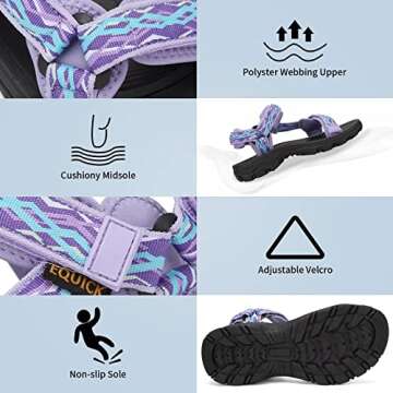 EQUICK Comfortable Walking Sandals for Women Open Toe Strap Sport Sandal Anti-skidding Outdoor Water Sandals Athletic Sandals for Spot/Beach/Poolside/Cruise/Travel/Wedding-U222SLX027-Purple Blue-42