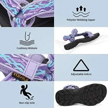 EQUICK Comfortable Walking Sandals for Women Open Toe Strap Sport Sandal Anti-skidding Outdoor Water Sandals Athletic Sandals for Spot/Beach/Poolside/Cruise/Travel/Wedding-U222SLX027-Purple Blue-42