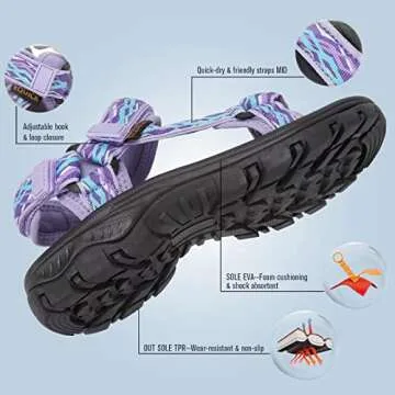 EQUICK Comfortable Walking Sandals for Women Open Toe Strap Sport Sandal Anti-skidding Outdoor Water Sandals Athletic Sandals for Spot/Beach/Poolside/Cruise/Travel/Wedding-U222SLX027-Purple Blue-42