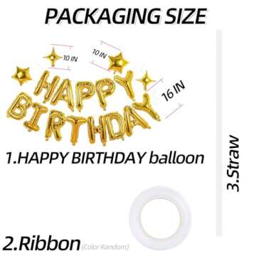 Gold Happy Birthday Banner Balloon Aluminum Foil 16 Inch Letter,10 Inch Five Pointed Star Four Pointed Star Suitable for Kids, Men, Women, Boys and Girls Party Decoration Supplies