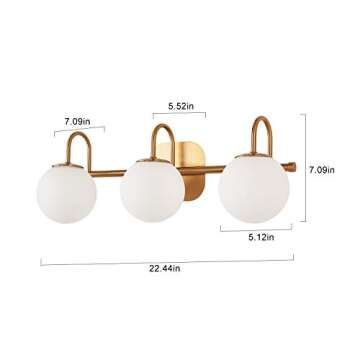 ZHUOER Modern Bathroom Vanity Light Fixtures 3 Lights Brushed Brass Frame and Milk White Glass Globe Shade Modern Wall Sconce Lighting Bath Vanity Lights Bar Over Mirror (Exclude G9 Bulb)