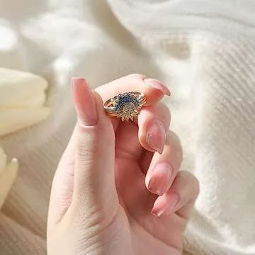 UNE DOUCE Celestial Sun and Moon Ring Set, Sparkling Sun Ring/Blue Moon Ring with 14k Gold/Silver Pl...