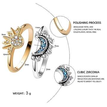 UNE DOUCE Celestial Sun and Moon Ring Set, Sparkling Sun Ring/Blue Moon Ring with 14k Gold/Silver Plating, Friendship Promise Ring, Stackable Celestial Rings, Gift for Women