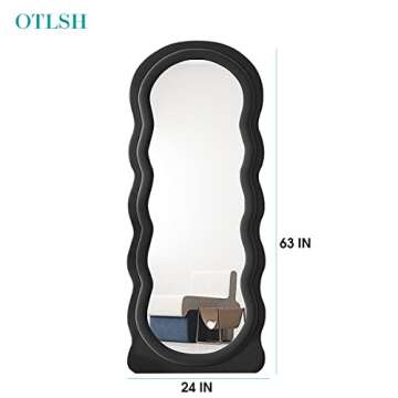 Otlsh Wavy Floor Mirror, 63" x 24" Full Length Mirror with Stand, Irregular Wavy Mirror, Wave Pattern, Flannel, Standing Mirror, Large Wall Mirror, Freestanding Black