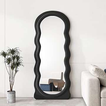 Otlsh Wavy Floor Mirror, 63" x 24" Full Length Mirror with Stand, Irregular Wavy Mirror, Wave Pattern, Flannel, Standing Mirror, Large Wall Mirror, Freestanding Black