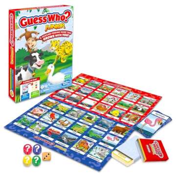 Guess Who Junior Game for Kids - Bundle with Guess Who Animal Guessing Game for Kids, Boys, Girls Plus Sticker Activity Book | Animal Board Games for Kids
