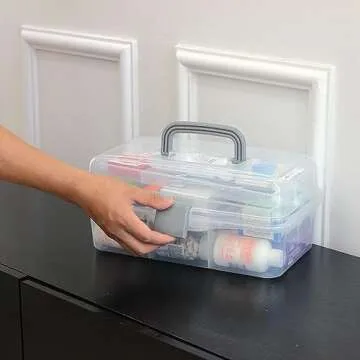 BangQiao 2-Tier Trays Clear Gray Plastic Storage Container Organizer Box, Multipurpose Portable Carrying Case with Latch Lock and Handle for Art, Craft, Sewing Supplies, First Aid, Makeup