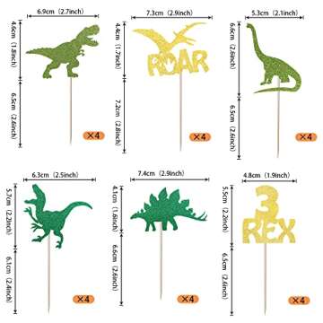24 Pack Dinosaur Cupcake Toppers Glitter for Kids Birthday Party