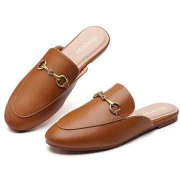 Minorsu Buckle Mules for Women Round Toe Backless Flat Mules Slides Mules Shoes Ladies Slip-on Loafe...