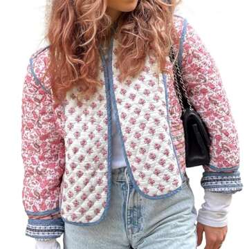 Duyang Women's Cropped Puffer Jacket Lightweight Floral Printed Open Front Quilted Coat Winter Warm Outwear(Pink,XS)