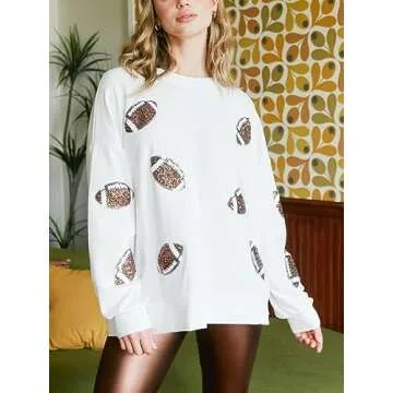 Joiemont Womens Football Sequin Embroidery Loose Fit Sweatshirt Casual Crewneck Pullover Long Sleeve Gameday Tops(0486-White-M)