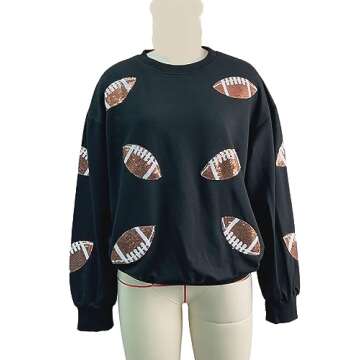 Joiemont Womens Football Sequin Embroidery Loose Fit Sweatshirt Casual Crewneck Pullover Long Sleeve Gameday Tops(0486-White-M)
