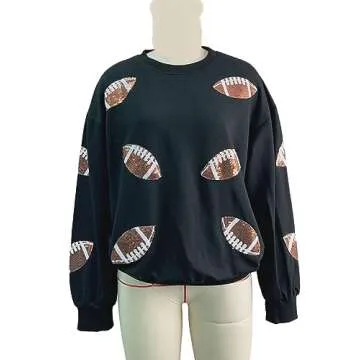 Joiemont Womens Football Sequin Embroidery Loose Fit Sweatshirt Casual Crewneck Pullover Long Sleeve Gameday Tops(0486-White-M)