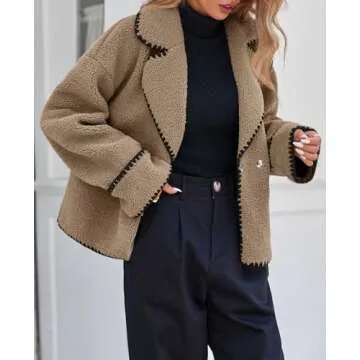 Cicy Bell Womens Sherpa Fleece Jacket Casual Collar V Neck Fuzzy Coats Contrast Trims Open Front Winter Outwear