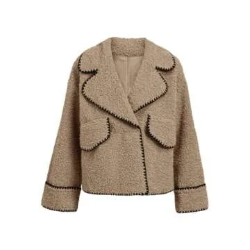 Cicy Bell Womens Sherpa Fleece Jacket Casual Collar V Neck Fuzzy Coats Contrast Trims Open Front Winter Outwear