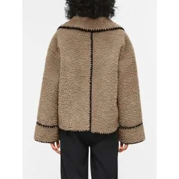 Cicy Bell Womens Sherpa Fleece Jacket Casual Collar V Neck Fuzzy Coats Contrast Trims Open Front Winter Outwear